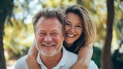 Fototapeta premium A man and woman are smiling and hugging each other in a park