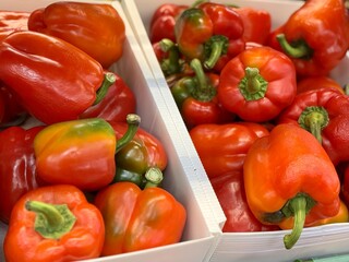 Pile of an washed fresh red sweet bell peppers on sale in vegetable stand display at supermarket...