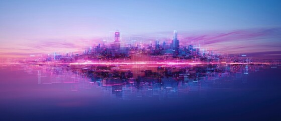 Obraz premium Futuristic City Skyline at Dusk Reflected in Water