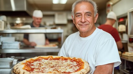 Smiling Mature man showing the pizza he just baked at his Italian Restaurant brick oven