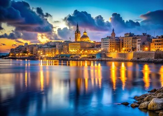 Obraz premium Sliema Malta Coastline Cityscape Night Long Exposure Photography