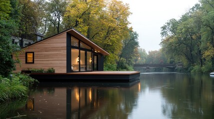 Fototapeta premium Modern Floating Cabin on River, Autumnal Landscape, Calm Water, Peaceful Scene, Ideal for Retreat, Relaxation