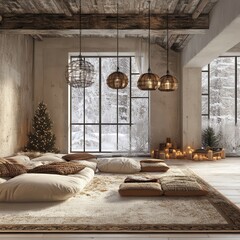 Fototapeta premium Cozy winter interior scene with decorative lighting and pillows