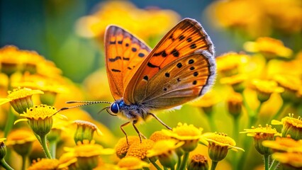 Obraz premium Small Copper Butterfly on Yellow Flower - Macro Photography, High-Detail Insect Closeup