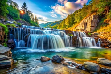 Obraz premium Small Dam Waterfall in Mountains: Fast-Flowing Water, Candid Nature Photography