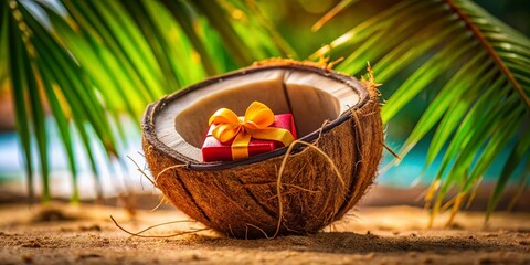 Fototapeta premium Small Gift Inside Coconut Shell - Tropical Surprise, Beach Theme Stock Photo