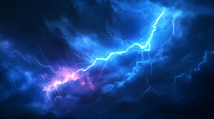 Fototapeta premium Electric storm with blue lightning bolt illuminating dark clouds, bolt, electrical charge, storm. Rainbow Storms. Illustration