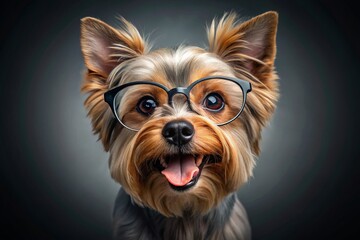 Fototapeta premium Smart Yorkshire Terrier Dog Wearing Eyeglasses, Drone Aerial View, Gray Background