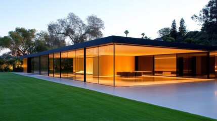 Modern architectural masterpiece featuring a glass structure illuminated at dusk, surrounded by lush greenery