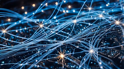 Fototapeta premium Abstract background image of glowing blue fiber optic cables forming a complex network, representing data connectivity and global communication.