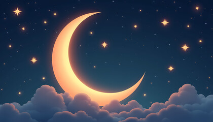 Naklejka premium Moon and stars shining over fluffy clouds at night
