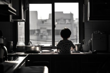 Fototapeta premium Young child sits at the kitchen sink, gazing out the window.