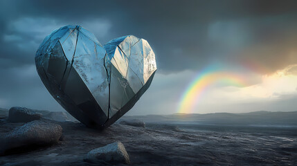 Shattered heart-shaped sculpture under stormy sky with lone rainbow in the distance, moody lighting, heartbreak. Rainbow Storms. Illustration
