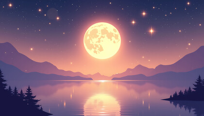 Obraz premium Full moon over serene lake with mountains and starry sky