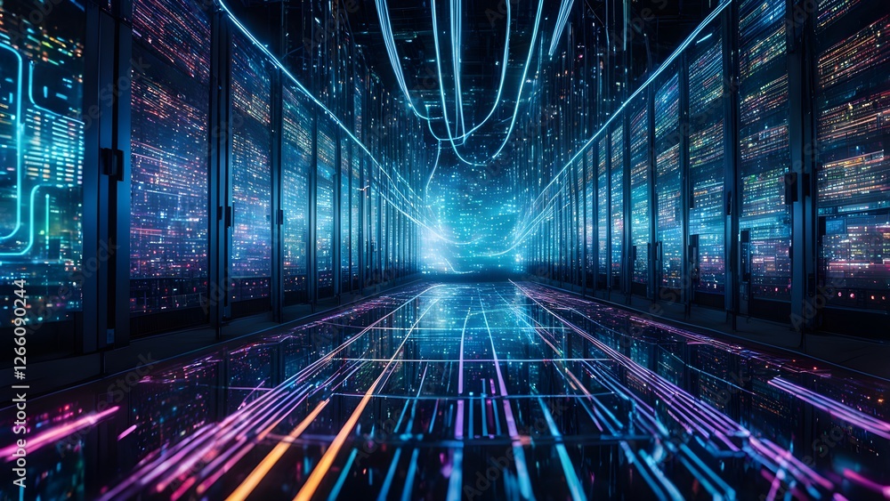 Wall mural abstract futuristic server room with glowing data streams and vibrant light trails on a reflective f