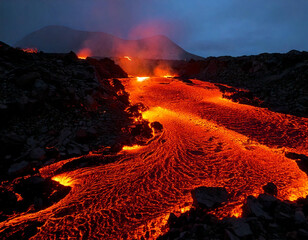 Lava glowing brightly in the dark, lighting up the surrounding rocky terrain