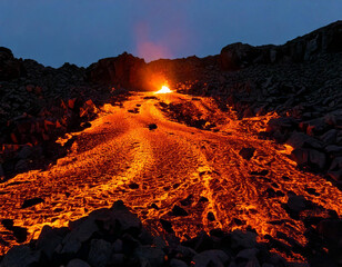 Lava glowing brightly in the dark, lighting up the surrounding rocky terrain