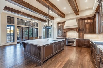 Luxurious kitchen with large island and hardwood floors.