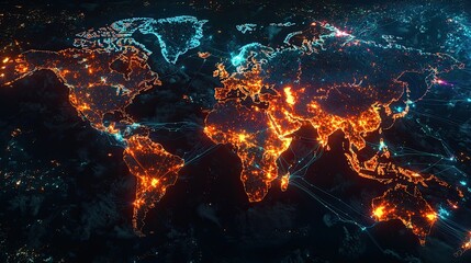 Fototapeta premium Colorful digital map illustrating illuminated cities and connections across the world at night