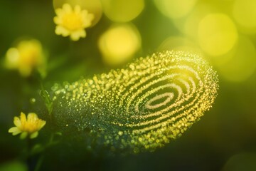 Fingerprint design made of sparkling golden particles on green leaf
