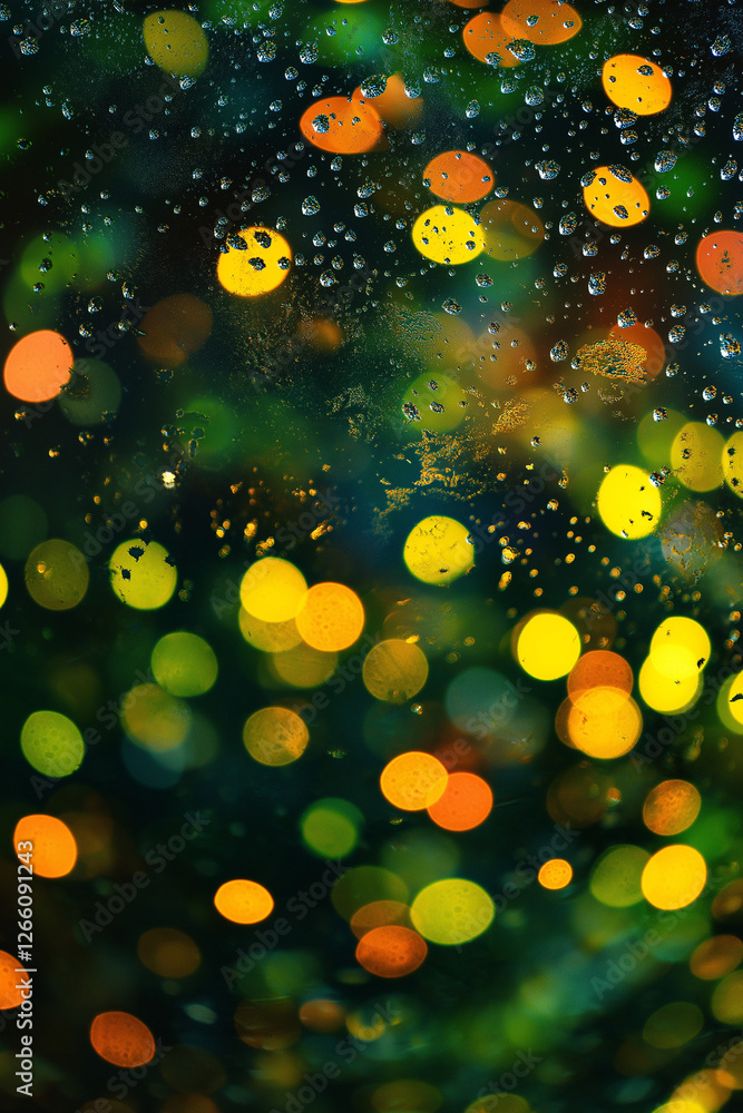 Poster raindrops on window reflecting city lights and trees creating calming serene mood generative ai