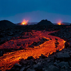 Lava glowing brightly in the dark, lighting up the surrounding rocky terrain