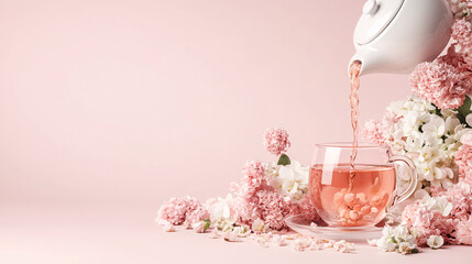 Elegant Pink Tea Pouring Ceremony with Floral Arrangement