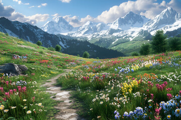Drone shot of alpine meadow with wildflowers and winding trail