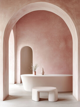 Serene Pink Minimal Interior Architecture with Arches, White Stone Tables with Ceramics On Top In Open Corridor. Geometric Shapes. Abstract. Natural Lighting.