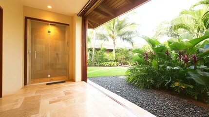 Fototapeta premium Modern bathroom entrance with a shower, lush garden view, and tropical plants outside