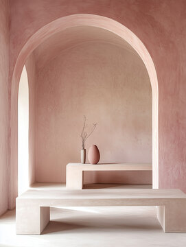 Serene Pink Minimal Interior Architecture with Arches, White Stone Tables with Ceramics On Top In Open Corridor. Geometric Shapes. Abstract. Natural Lighting.