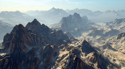 Aerial view of rugged mountain pass with dramatic light and shadow interplay