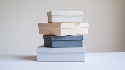 Fototapeta premium A stack of square art card paper boxes in different neutral tones, arranged in a balanced composition