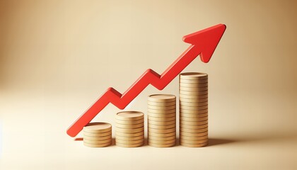 A bright red arrow rises above neatly stacked coins, representing financial growth, prosperity and investment success.
