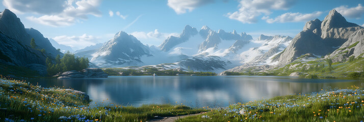 Drone shot of hidden alpine lake surrounded by jagged peaks and wildflowers