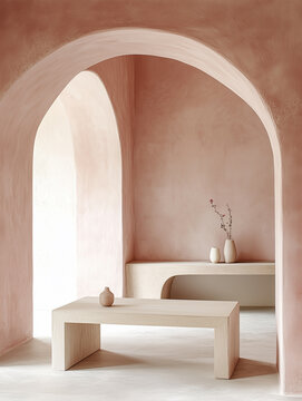 Serene Pink Minimal Interior Architecture with Arches, White Stone Tables with Ceramics On Top In Open Corridor. Geometric Shapes. Abstract. Natural Lighting.