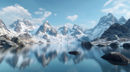 Aerial view of hidden alpine lake surrounded by jagged peaks