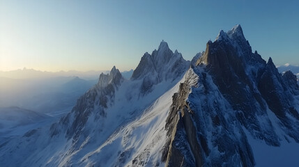 Obraz premium Aerial view of rugged mountain peaks with sunlit snow and dark crevices