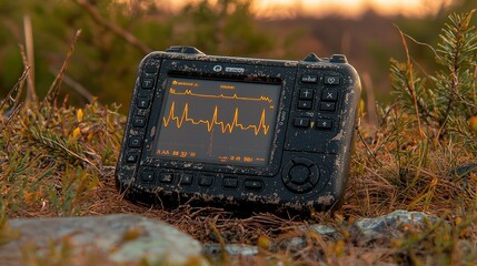 Device displaying an ECG trace amidst foliage at sunset for health monitoring use