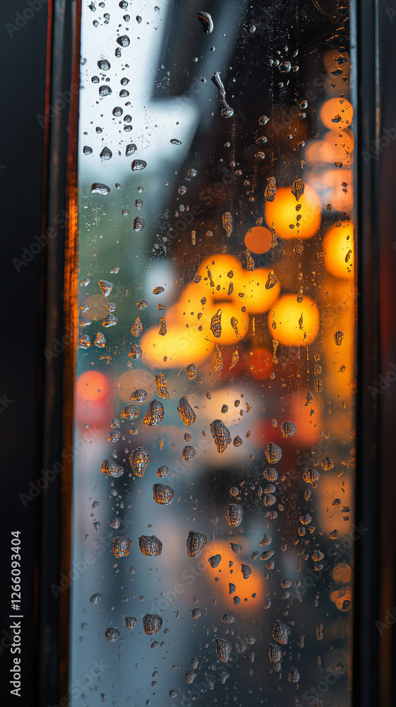 Poster raindrops on window with soft light casting gentle glow and blurred outdoor view generative ai