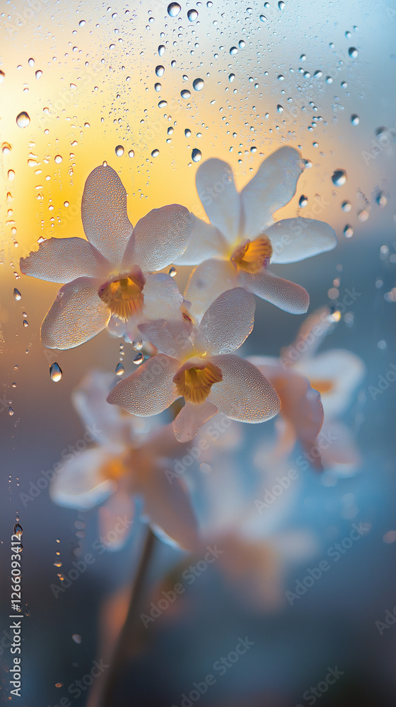 Poster raindrops on window with soft light casting gentle glow and blurred outdoor view generative ai