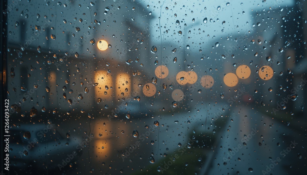 Poster raindrops on window with soft light casting gentle glow and blurred outdoor view generative ai