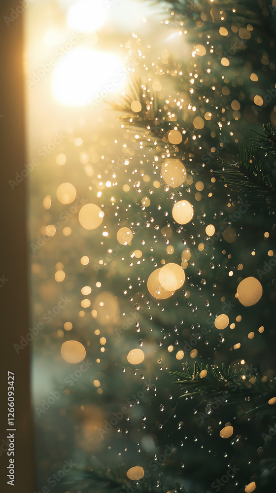 Poster raindrops on window with soft light casting gentle glow and blurred outdoor view generative ai