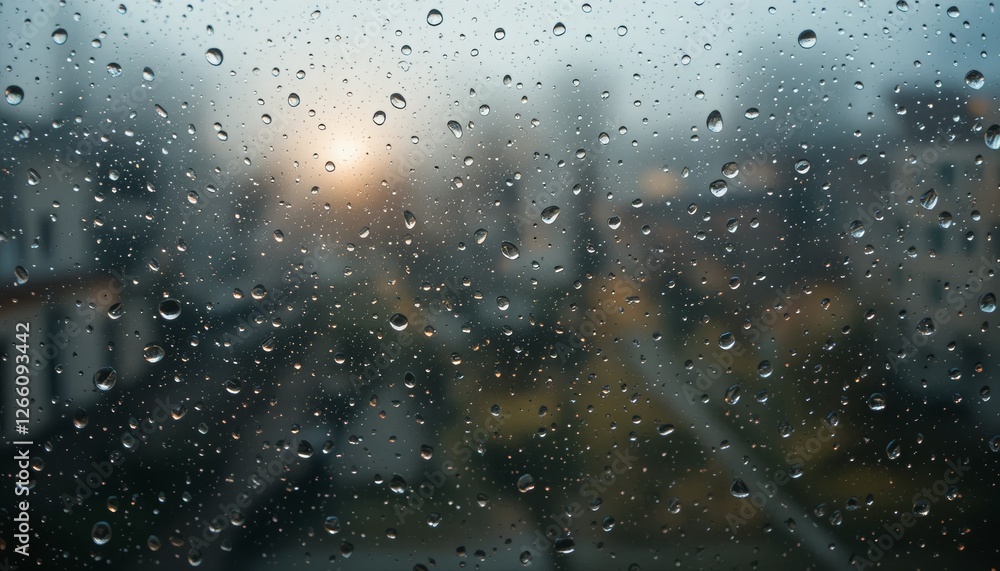 Poster raindrops on window with soft light casting gentle glow and blurred outdoor view generative ai