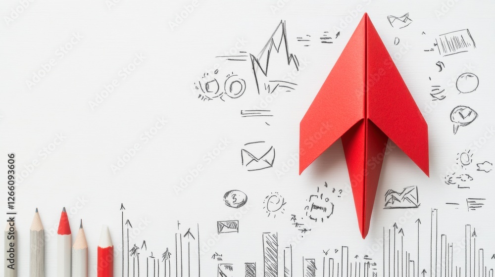 Aufkleber red paper plane symbolizes business strategy and innovation on a white background with sketches of s