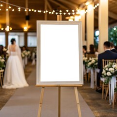 Blank White Welcome Sign Mockup (24x36 Inches) on Easel at Wedding Party: Perfect for Event Branding, Invitations, Reception Decor, Announcements, and Celebration Concepts.