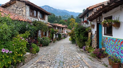 Obraz premium Cobblestone street, mountain village, floral houses, travel postcard