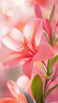 Delicate Single Stem Pink Lily Flower with Buds Against Pink Background. Minimal Floral. Mobile Phone Wallpaper 9:16