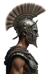 Obraz premium A man in ancient Greek armor, including a metallic helmet with a large, feathered plume and a brown cloak draped over their shoulders., isolated over transparent background, PNG cut-out