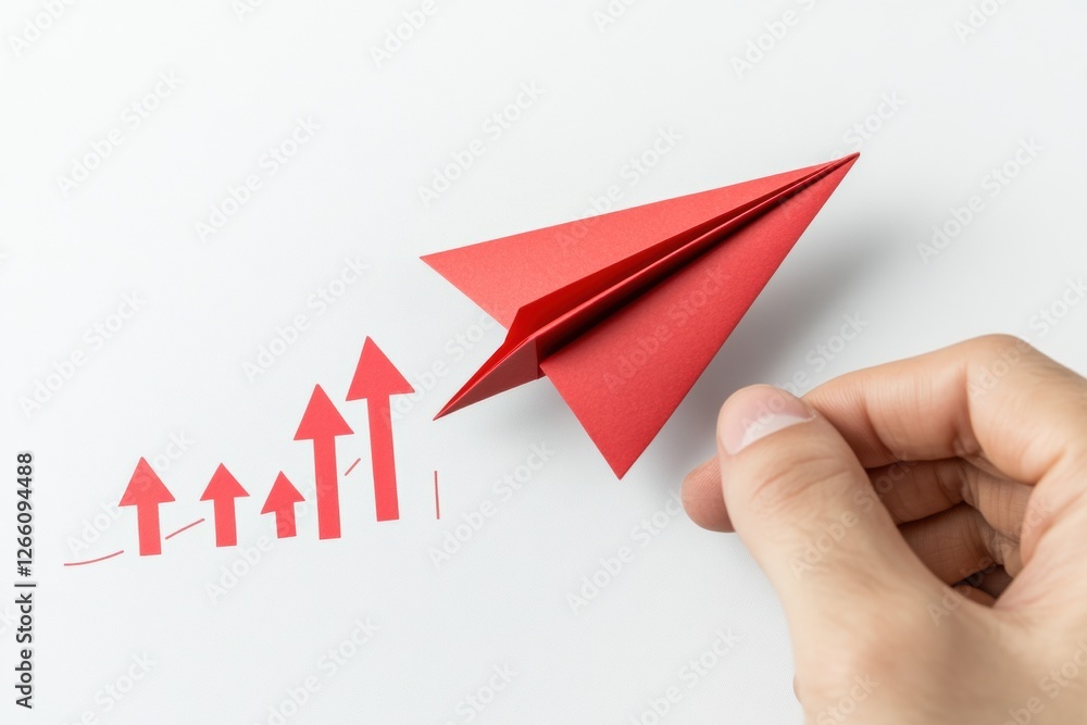 Poster red paper plane symbolizes business strategy and innovation with upward growth on white background. 